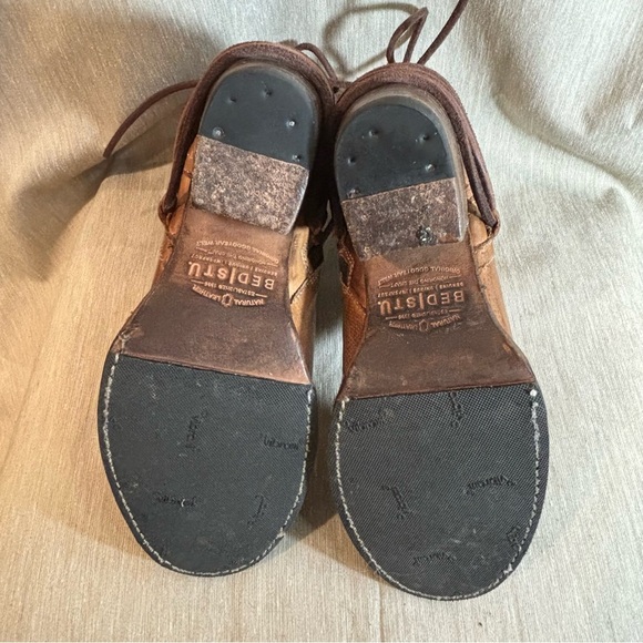 BED STU Sz 6.5 Blaire Stacked Heel Zipper Lace Up Back Ankle Booties Tan Rustic - Picture 11 of 14